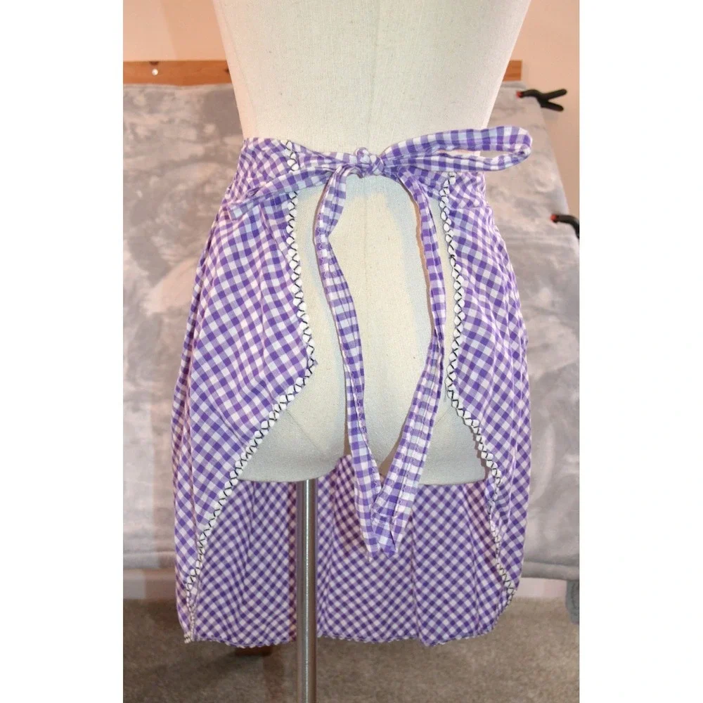 Vintage MCM 60s Half Apron Purple‎ & White Gingham Smocked Pocket Waist Band 20